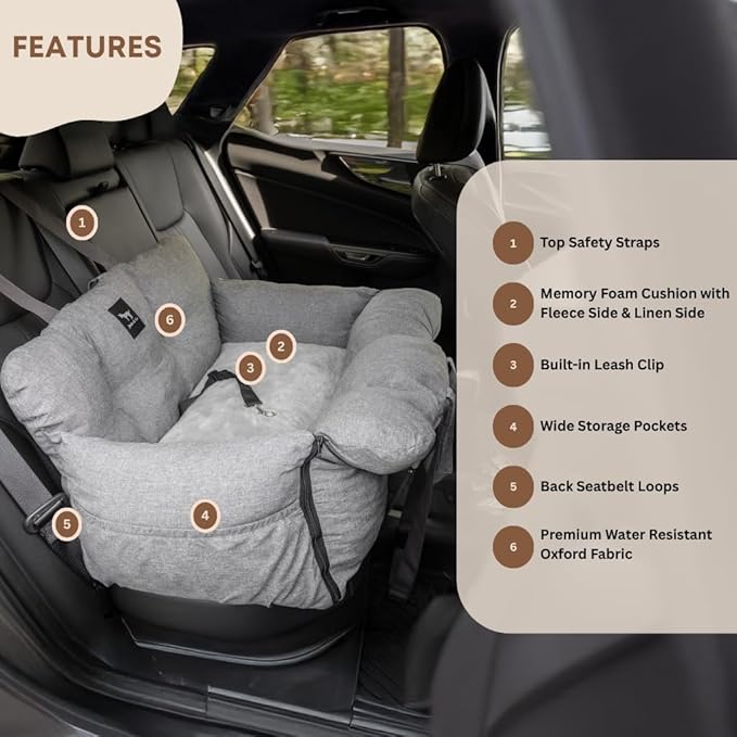 JACKO & CO Premium Dog Car Seat – Safe & Cozy Travel Bed Carrier for Small Dogs, Puppies, Pets, Clip-On Leash, Storage Pockets, Water-Resistant, Machine Wash (Grey, Removable - Medium (1-25lbs))