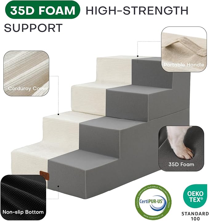 ABCPET Dog Stairs for High Bed, Dog Steps for Bed Couch Sofa, 35D Foam Extra Wide Pet Steps for Small Dogs and Cats, Pet Stairs with Non-Slip Bottom Beige, 4 Steps