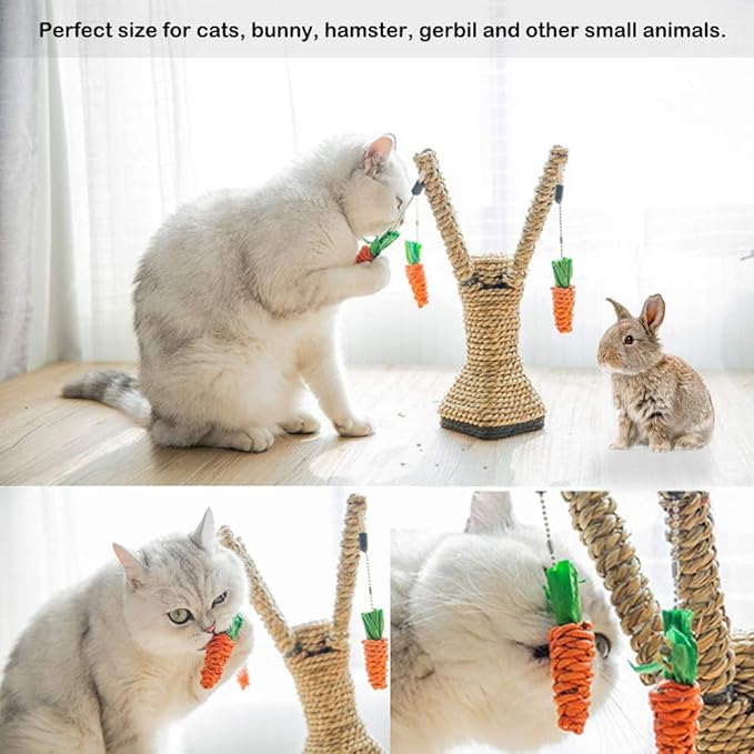 Bunny Chew Toys, Rabbit Scratching Climbing Tree with Carrot Shaped Toy, Handwoven Seagrass Chew Toy for Rabbits, Cats, Hamsters, Gerbils Teeth Grinding