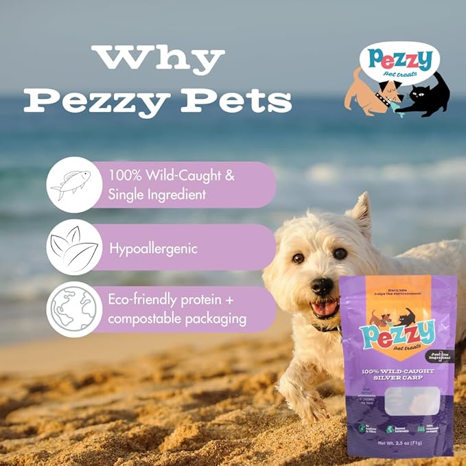 Pezzy Pets Silver Carp Chips Dog & Cat Treats | Single Ingredient | Wild Caught | Made w/Invasive Fish | Grain Free | High Protein + Low Fat | Hypoallergenic | Compostable Packaging | Made in The USA
