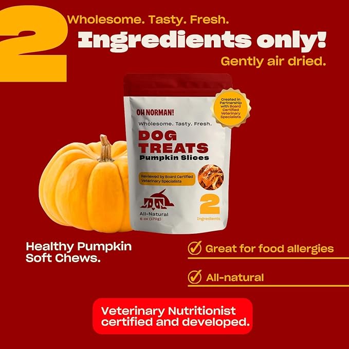 OH NORMAN! Two-Ingredient Pumpkin Dog Treats by Kaley Cuoco, Healthy Dog Treats for All Life Stages and Breeds, Air Dried, Ethically Sourced in Canada, 6 Oz
