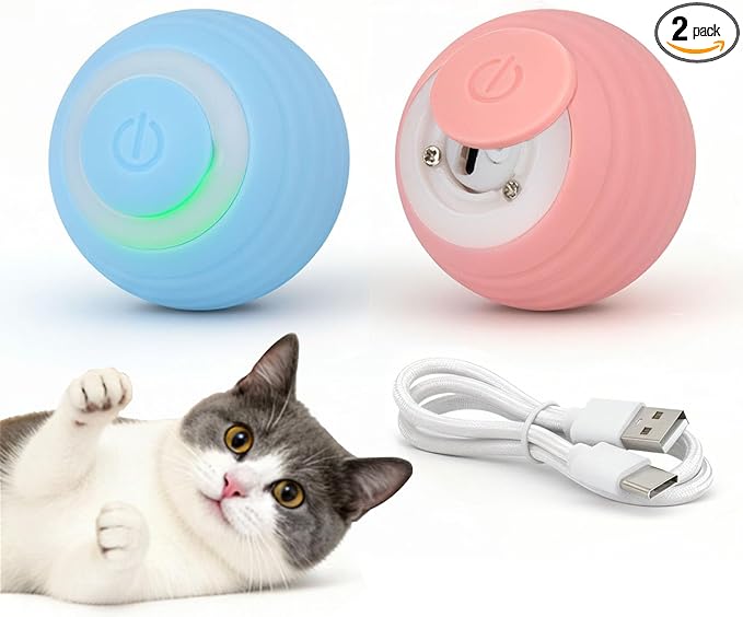Interactive Cat Toy Ball Set, Indoor Mobile Cat Toy Ball with LED Light, Smart Pet Ball, Automatic Intelligent Rolling Ball Electric Chase Toy, USB Rechargeable - 2PACK