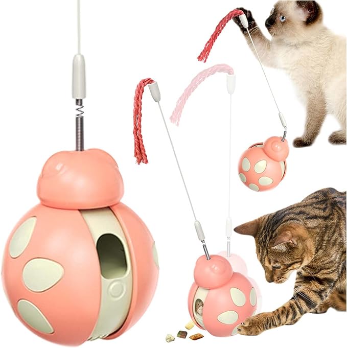 Interactive Pet Toy with Food Dispenser, Tumbler Beetle-Shaped Feeder with High-Bounce Teaser Wand, Stress Relief for Cats and Dogs