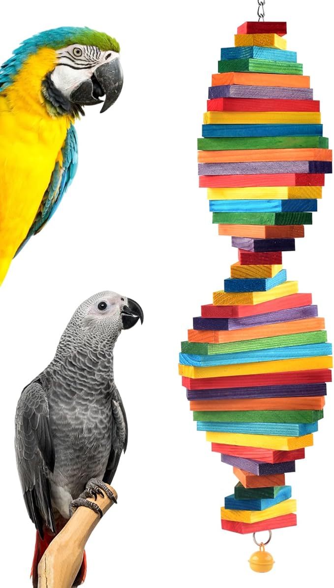 Bissap Bird Chew Toys, Multicolored Bagel Cascade Medium Large Bird Parrot Chewing Sticks Biting Wooden Blocks Toy for Big Senegal Amazon Cockatoos Macaws African Grey and Similar Sized Pet Birds