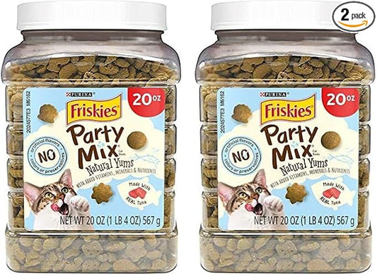 Friskies Purina Natural Cat Treats,Party Mix Natural YUMS with Wild Caught Tuna and Added Vitamins,Minerals and Nutrients - 20 oz. Canister,(Pack of 2)