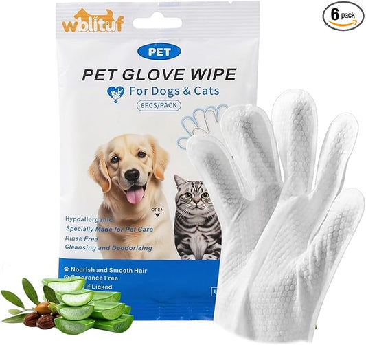 Pet Cleaning Gloves (6 Count) | Extra Thick Disposable Grooming Gloves with Aloe & Jojoba Oil, Waterless No-Rinse Odor Control, Lick-Safe Five-Finger Design for Cats & Dogs