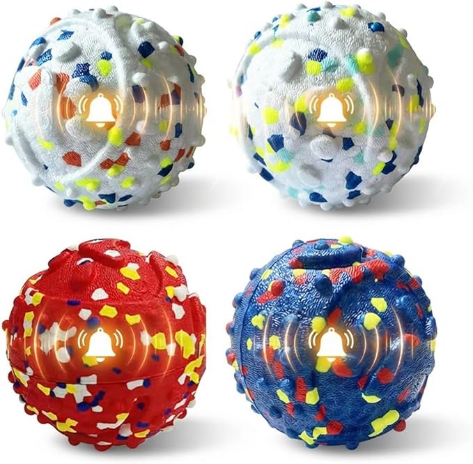 Dog Ball Squeak Toys Indestructible Float On Water Fetch Bouncy Durable Solid Rubber Ball for Puppy Small and Medium Dogs Playing Toys(Bell Ball 4Pcs)