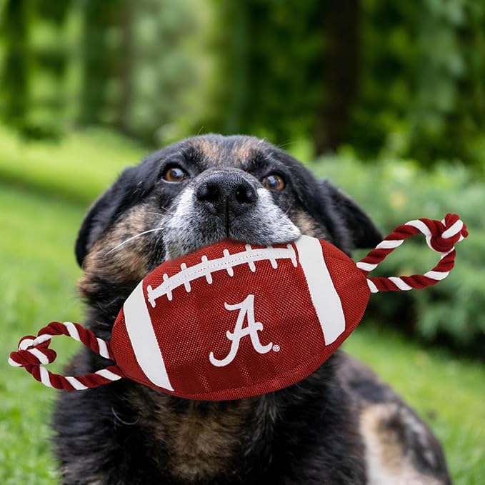 NCAA Alabama Crimson Tide Football Dog Toy, Tough Quality Nylon Materials, Strong Pull Ropes, Inner Squeaker, Collegiate Team Color