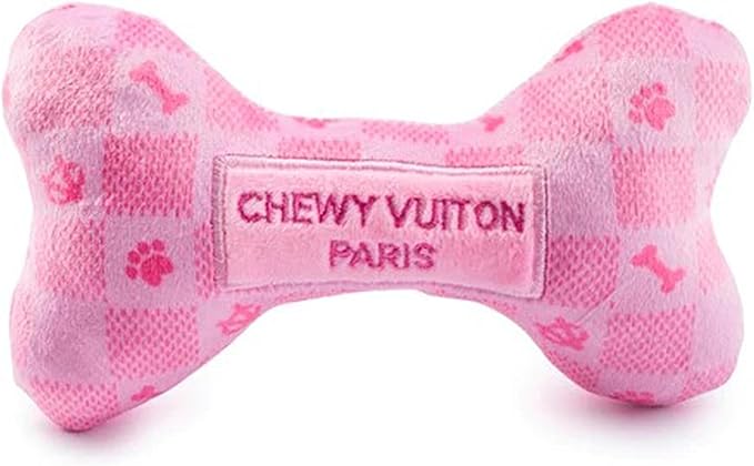 Haute Diggity Dog Chewy Vuiton Bone Plush Squeaky Dog Toy, Soft Durable Designer-Inspired Stuffed Puppy Chew Toys for Small & Medium Dogs, Machine-Washable (Pink Checker) Large