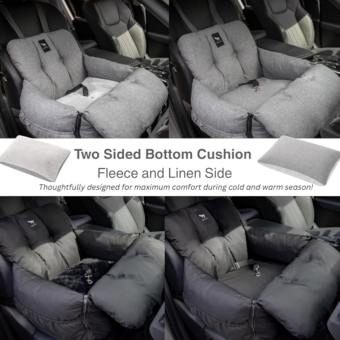 JACKO & CO Premium Dog Car Seat – Safe & Cozy Travel Bed Carrier for Small Dogs, Puppies, Pets, Clip-On Leash, Storage Pockets, Water-Resistant, Machine Wash (Black, Removable - Medium (25-40lbs))