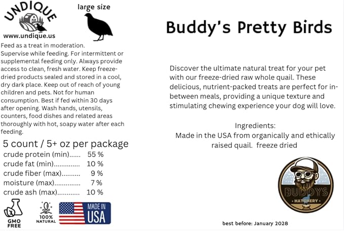 Undique Bird Dog Training Quail - Premium Freeze-Dried Whole Quail for Dogs 5ct, Large (Chick) - Natural Prey Feeding Quality Protein Pet Treats with Essential Nutrients and Enzymes