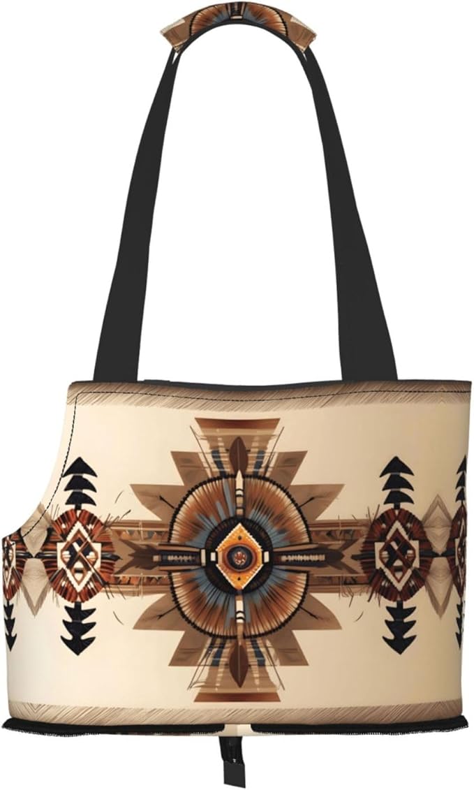 Foldable Pet Carrier Sling - Waterproof Small Dog & Cat Travel Native American Painting Tote with Safety Hook for Hiking