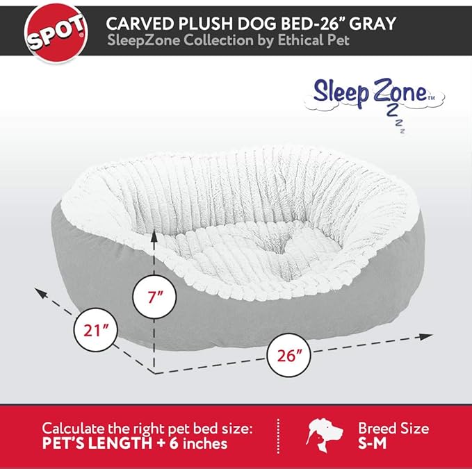 SPOT Sleep Zone Carved Plush, Faux Suede Lounger, Cuddler, Napper Dog Bed - Fabric Bottom - 26X21 Inches/Grey/Attractive, Durable, Comfortable, Washable. by Ethical Pets (32927)