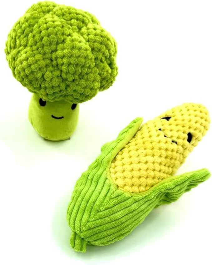 Broccoli & Corn Plush Pet Squeak Toys - Soft Plush with Squeaker, Cotton Filling, Portable Chew Toys for Small & Medium Dogs (Corn+Broccoli)