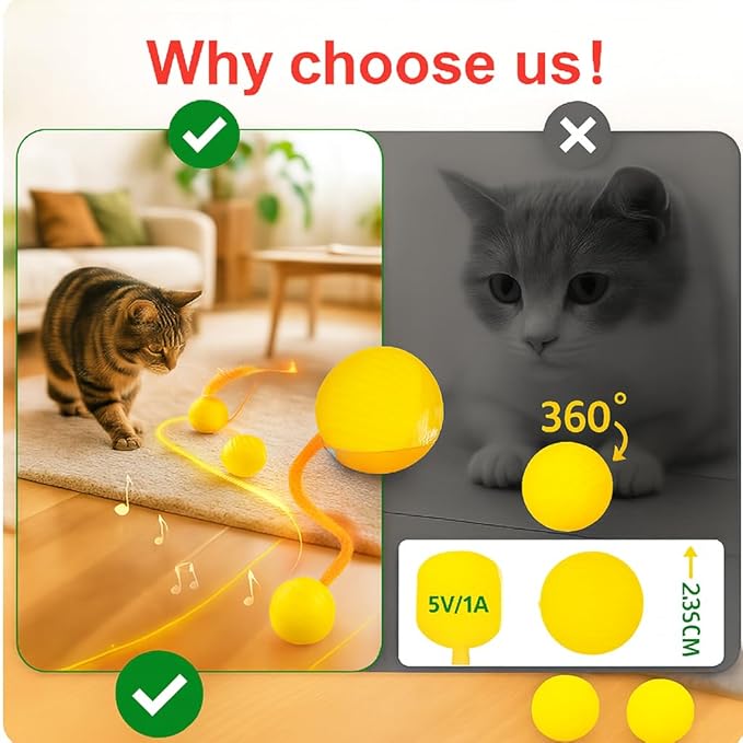 Automatic Cat Toy Ball – Rechargeable Cat Ball with Feather & Ribbon Tail – Light-Up Effects – Smart Rolling Indoor Cat Toys – Dual Speeds – Interactive Cat Toys for Kittens