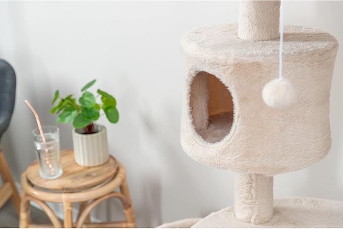 TRIXIE Anna Cat Tree – Cat Tower with Sisal Posts, Dual Hammocks, Caves & Hanging Toy – Indoor Cat Furniture for Scratching & Climbing – Beige, 23.6" x 23.6" x 50.4"
