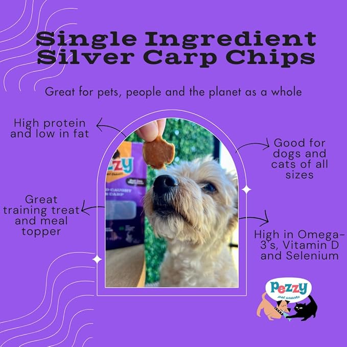 Pezzy Pets Silver Carp Chips Dog & Cat Treats | Single Ingredient | Wild Caught | Made w/Invasive Fish | Grain Free | High Protein + Low Fat | Hypoallergenic | Compostable Packaging | Made in The USA