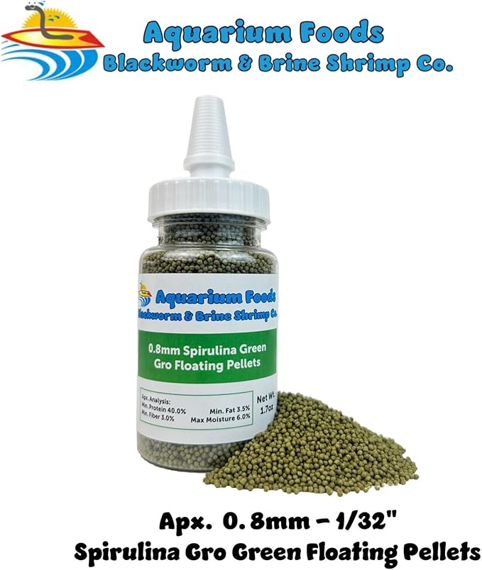 0.8mm Micro Spirulina Green Gro Floating Pellets for Guppies, Tetras, Bettas, Nano Fish, All Baby Fish…1.7oz Squeeze Bottle