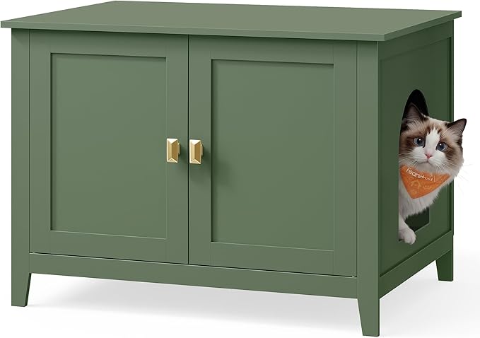Feandrea Cat Litter Box Enclosure, Modern Hidden Cat Litter Box Furniture, Double Doors, Handles, Indoor Pet House Washroom, Living Room Side End Table, Forest Green UPCL015CH01