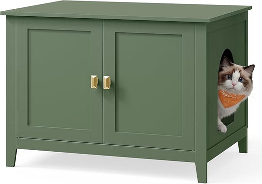Feandrea Cat Litter Box Enclosure, Modern Hidden Cat Litter Box Furniture, Double Doors, Handles, Indoor Pet House Washroom, Living Room Side End Table, Forest Green UPCL015CH01