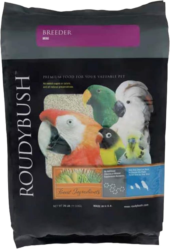 RoudyBush Breeder Food for Breeding & Weaning Birds - Scientifically Formulated Bird Feed - Bird Food Pellets w/Corn, Wheat, Soy & More - Nutritious & Healthy Feed for Birds (Mini, 25lb)