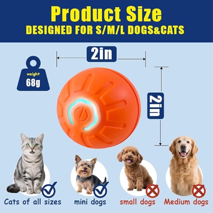 Interactive Self-Moving Pet Toy Ball - Motion-Activated Auto Rolling, Military-Grade Chew Resistant, USB-C Rechargeable for Small Dogs & Cats (Orange, Small) (Orange, Small)