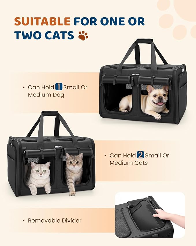 MIDOG 2 Cat Carrier with Litter Box, Expandable Dual Compartment Cat Carrier for 2 Cats, Large Soft Sided Double Pet Carrier for Car Travel, Moving