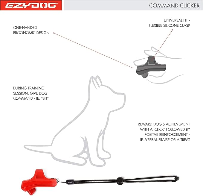 EzyDog Command Clicker Ergonomic Dog Training Tool with Wrist Strap - Hands Free & Universal Fitting System for Fingers Trains Effectively & Humanely with Positive Reinforcement (Red)