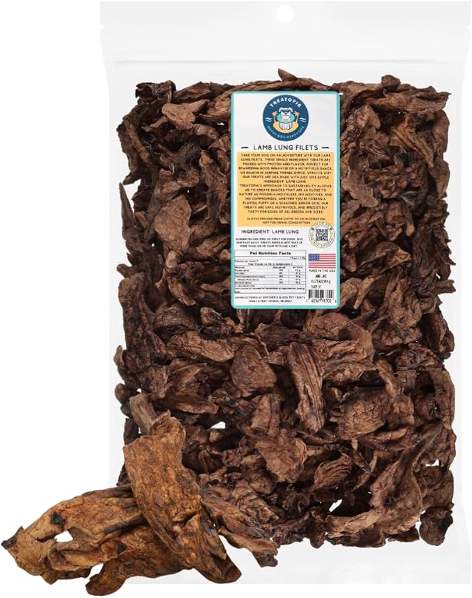 TREATOPIA Lamb Lung Filet Dog Treats, 4 LB Bag - All-Natural, Sustainable, Healthy, High Protein, Hand-Trimmed, Slow-Roasted, Made in The USA, Nutritious, No Additives, No Fillers