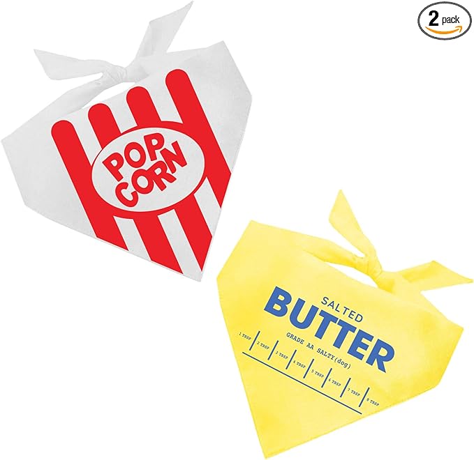 Movie Snack Costume 2-Pack Dog Bandana | 100% Cotton | Made in USA | Popcorn & Butter | Funny Dog Costume Set | Movie Night | Best Friend Matching | Halloween |X-Small (1378 & 1379)