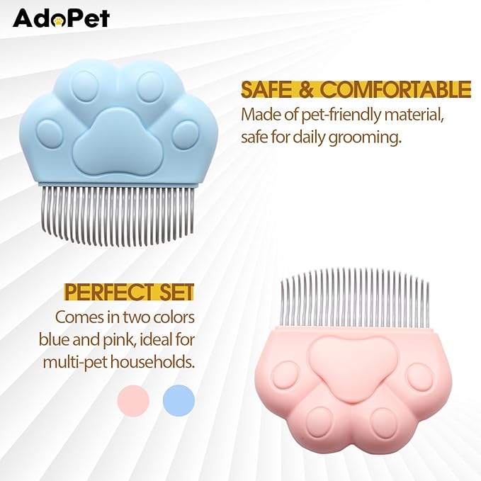 Pet Grooming Comb 2 Pack Paw Shape Brushes for Cats and Dogs – Blue and Pink Portable Massage Comb with Ergonomic Handle – Durable Wear-Resistant Brush for Shedding, Loose Fur, Tangles and Dander