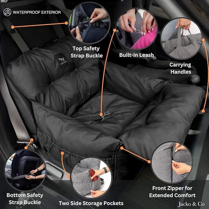 JACKO & CO Premium Dog Car Seat – Safe & Cozy Travel Bed Carrier for Small Dogs, Puppies, Pets, Clip-On Leash, Storage Pockets, Water-Resistant, Machine Wash (Black, Standard Small (1-25lbs))