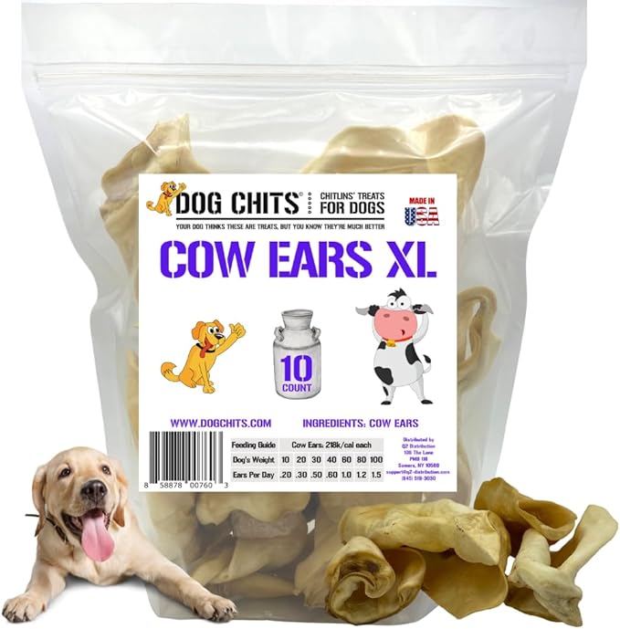 Dog Chits Cow Ears for Dogs – All Natural Cow Ear Dog Treats & Training Chews – High Protein, Low Fat – Thick Cut, Full-Sized – Dental Clean Crunch – for Medium & Large Dogs – Extra Large, 10 Pk