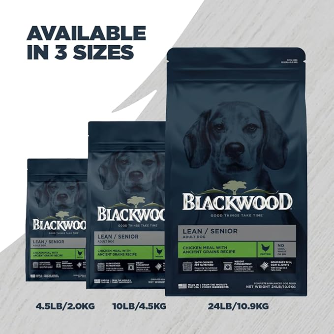 Blackwood Lean/Senior Dry Dog Food, Chicken Meal with Ancient Grains, 24 Pound Bag for Weight Management and Muscle Mass Maintenance