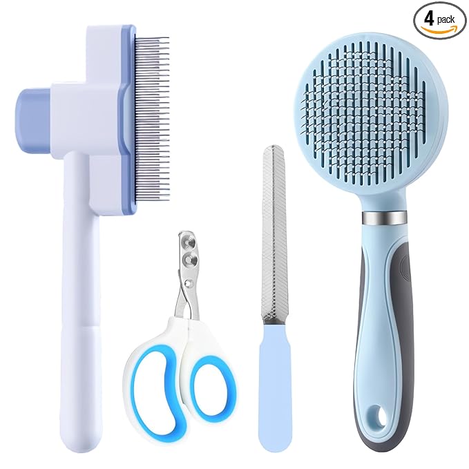 Cat Grooming Kit, 4-in-1 Cat Grooming Tools with Cats Brush, Flea Comb, Nail Clipper & Trimmer - Deshedding & Dematting for Pets Hair and Paws, Pet Shedding Set for Indoor Dogs & Cats (Blue)