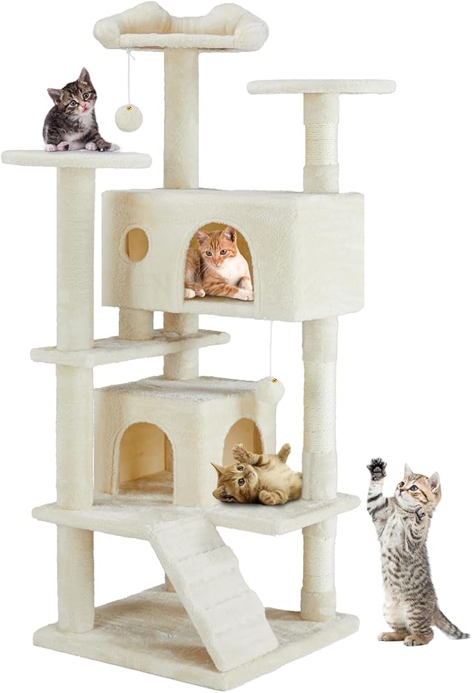 Hexago 54 Inch Cat Tree Tower for Indoor Cats, Multi-Level Cat Condo with Scratching Posts, Climbing Ladder, Plush Hammock, and Toy Ball, Stable Cat Play House Furniture, Beige