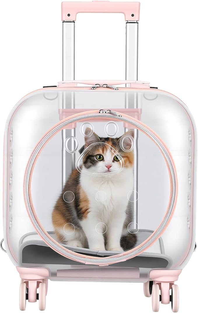Cat Carrier Backpack with Silent Wheels, Clear Cat Stroller with Ventilation Holes, Telescopic Handle, Convenient Portable Cats Dogs Backpack for Travel (Light Pink-B)