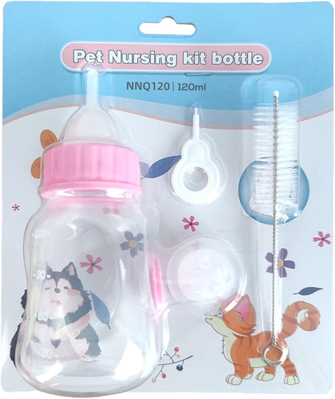Pet Nursing Kit - 4 Oz Milk Water Dispenser - Nipple Brush Set - Suitable for Kittens, Puppies, Small Dogs - Silicone, Leak Proof, Manual Intake Control