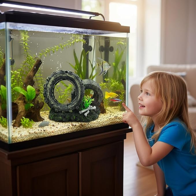 Mipukbay Fish Tank Decoration, Truck Wheel Aquarium Decor Hiding Cave Ornament for Freshwater/Saltwater, Safe Landscaping Rock Resin Decoration for Betta Fish, Goldfish and Aquatic Pets