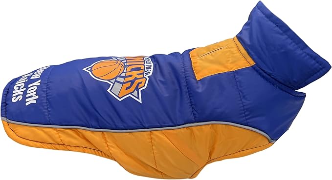 NBA New York Knicks Puffer Vest for Dogs & Cats, Size Medium. Warm, Cozy, and Waterproof Dog Coat, for Small and Large Dogs/Cats. Best NBA Licensed PET Warming Sports Jacket