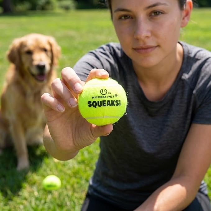 Hyper Pet Squeaks! Tennis Balls Fetch Dog Toy with Squeakers Pack of 4 Green | Durable Non-Abrasive Tennis Balls for Active Dogs | Indoor Outdoor Play | 2.5" Medium Ball