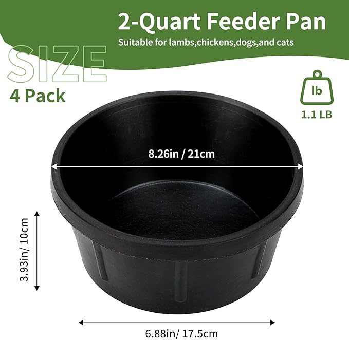4Pcs Rubber Feeder Pan,2 Quart Feed Bucket Utility Feed Bucket,Small Animal Food Trough for Chickens Rabbits Ducks Cats and Dogs Durable Outdoor Livestock Water Bowl Black