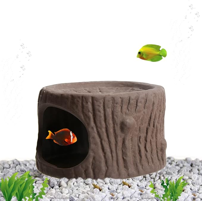 Saim Ceramic Betta Cave, Handcrafted Natural Tree Stump Fish Tank Decor, Aquarium Hideout for Betta Fish Shrimp Cichlid, Aquarium Decorations Breeding Cave with Large Opening