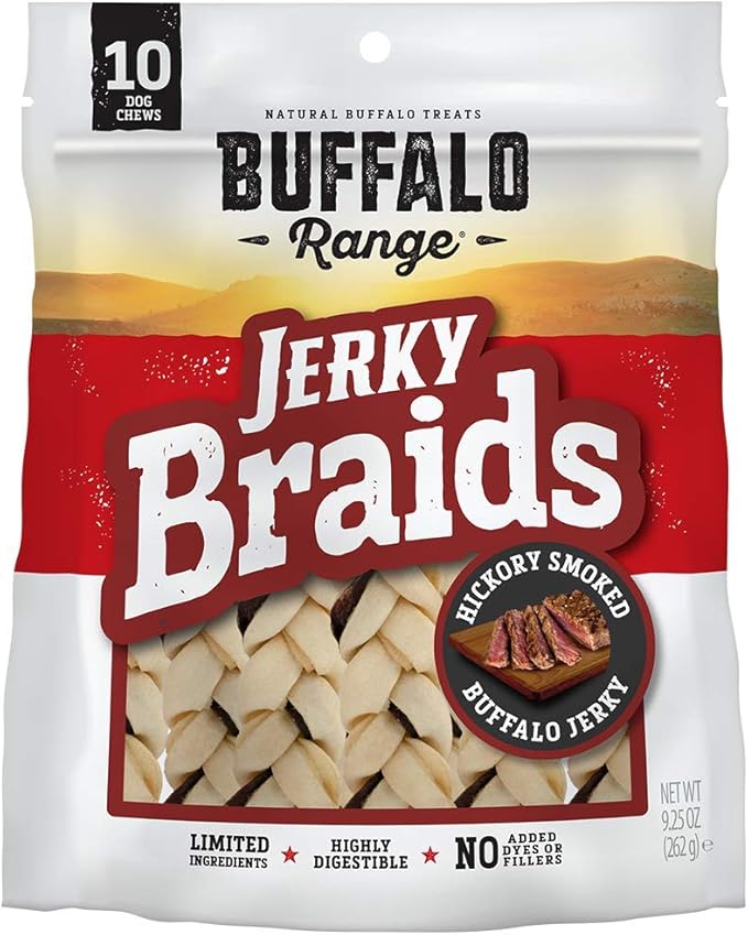 Buffalo Range Rawhide-Free Dog Treats – Braided Jerky Chews Made with Grass-Fed Buffalo – Hickory Smoked Flavor High Protein Dog Chews – Natural Rawhide Alternative Treat – 10 Count