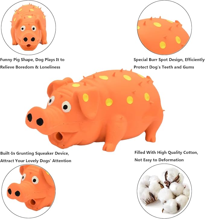 Pig Squeaky Dog Toy, 2 PCS Interactive Rubber Dog Chew Toy - Durable Latex Spot Grunting Pig Toys that Oink for Small Medium Large Dogs (Orange, Blue)