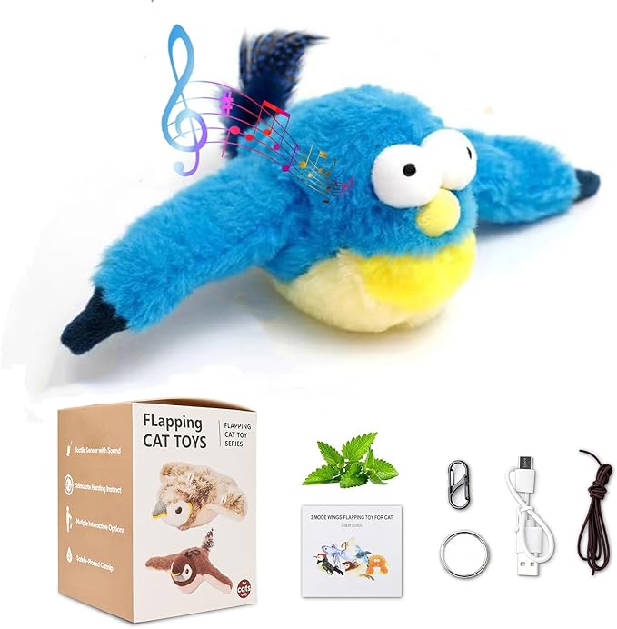 Upgraded Flappy Chase Cat Toy, Interactive Chirping Bird Cat Toy,Chirping Bird Cat Toy Flapping Wings, Flying Interactive Simulation Electric Cat Toy (Blue Large)