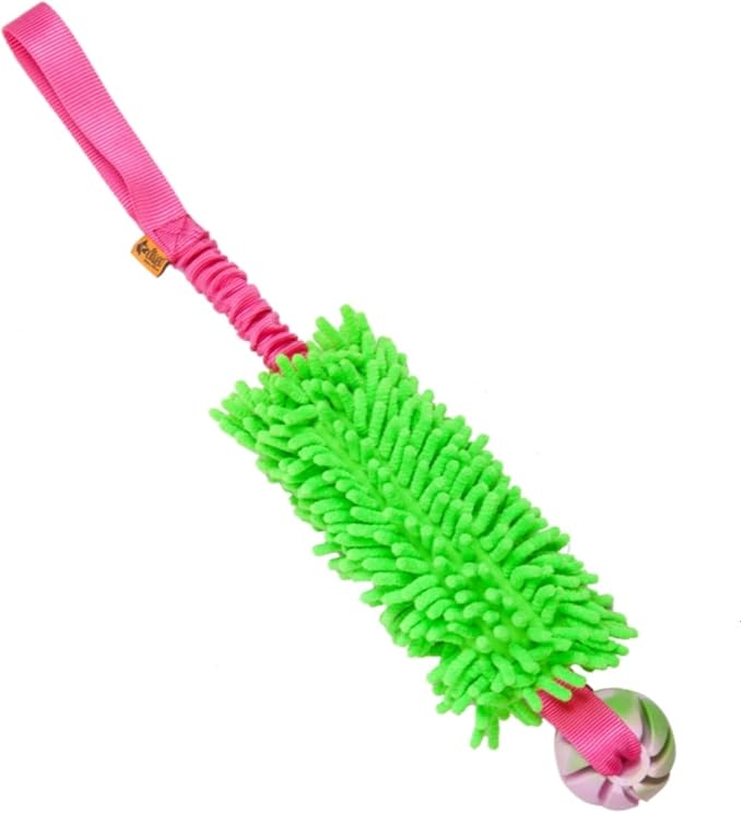 Dingo tug Toy for Dog, for Outdoor Indoor Play and tug of war, Bungee Handle, Soft Shaggy Nubby Like Plush Noodle and TPR Rubber Ball, Green 15589