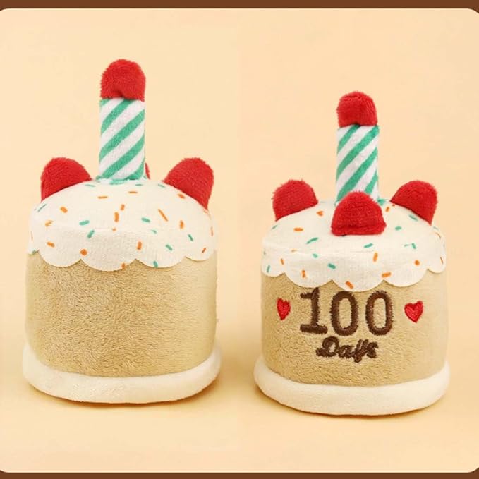 Cat Birthday Toy Kitten Cake with Birthday Hat Puppy Dog Plush Gift for Small Medium Pet (100 Day)
