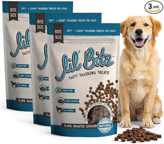 Soft & Chewy Training Treats for Dogs, Bite Size Reward Treats for Training & Positive Reinforcement, Grain Free Treats Made with Real Chicken, Flame Roasted Chicken Flavor, 3 Pack (4 oz Each)