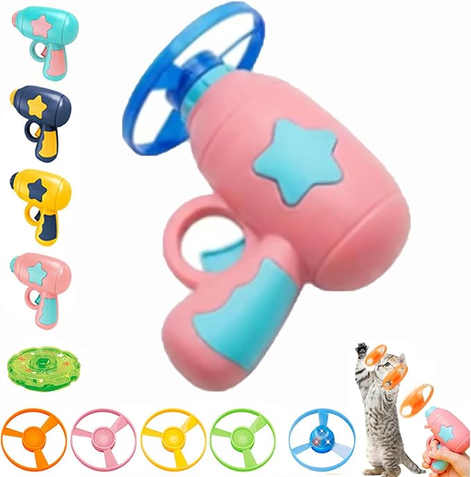 Bamboo Dragonfly Catapult Pistol, Bamboo Dragonfly Catapult Launcher, cat Fetch Toy Flying disc Saucer Launcher, Cat Fetch Toy with Colorful Flying Propellers Set (Pink)